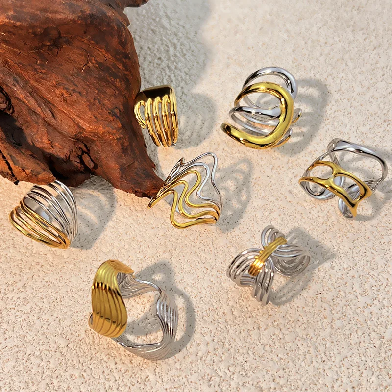 Punk Geometric Linear Hollow Out Wide Rings for Women Personality Multi-layer Wire Ripple Twist Ring Party Jewelry Accessories