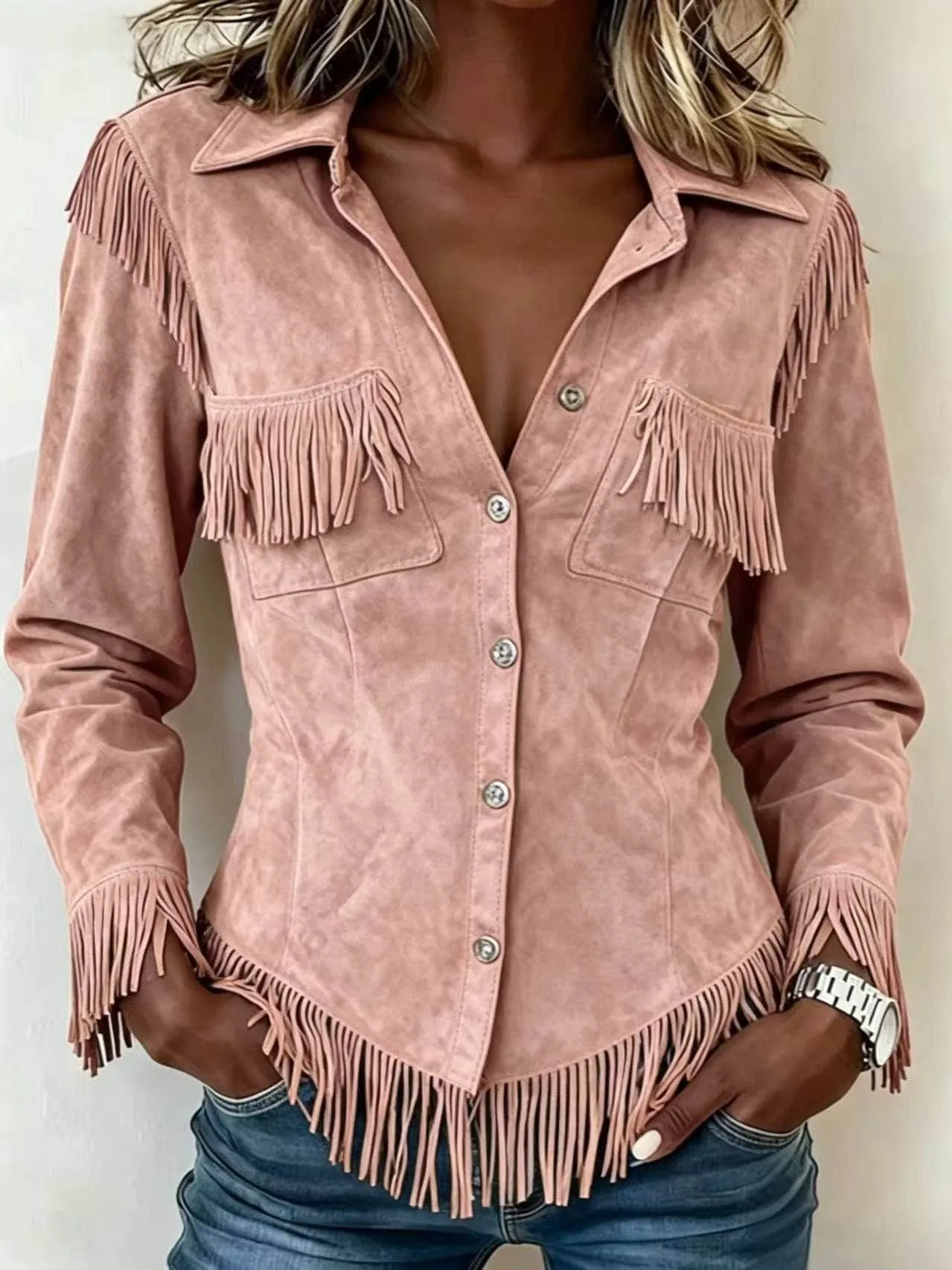 Retro Style Suede Long Sleeve Jacket Women's Cardigan Coat Tassel Trim Outerwear Polyester Fiber Button Closure No Hat