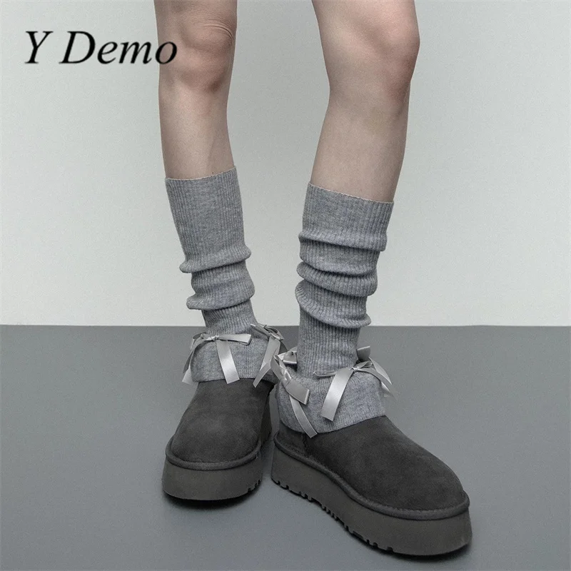 

Y Demo Ballet Girl Flower Bud Cute Bow Slim Knitted Leg Warmers Women's Under Knee Pile Socks