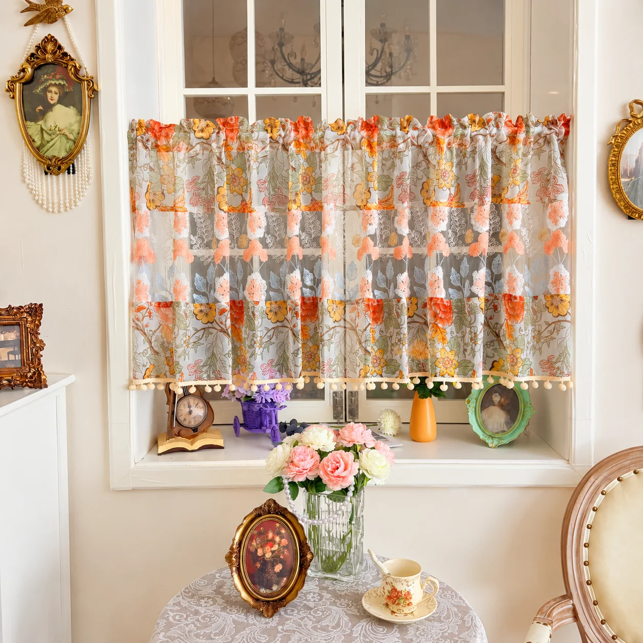 Embroidery Kitchen - White Orange Floral Sheer Valance Curtain