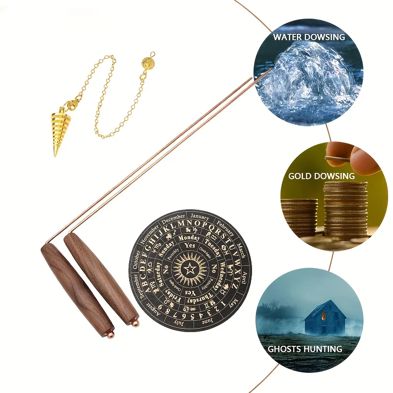 Copper Dowsing Rods Kit - Natural Walnut Wooden Handles Divining Rods with 1 Pendulos & 1 Divination Mat Outdoor Detection Tool