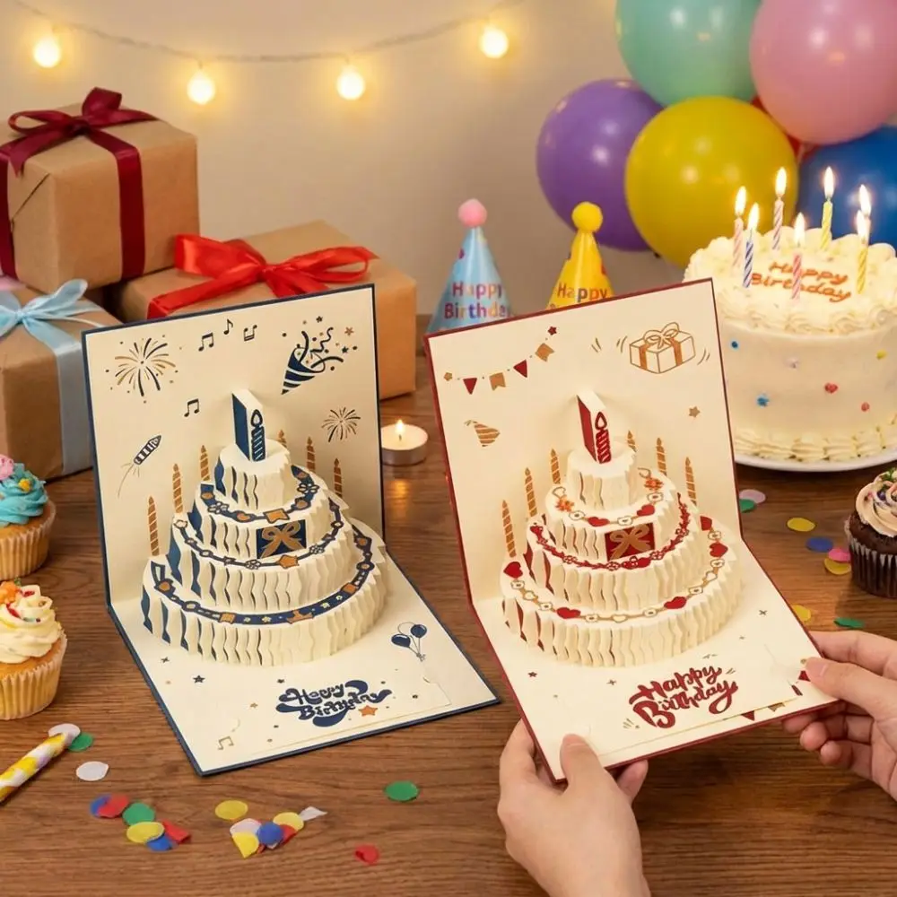 Bunte 3D-Geburtstagskarte Überraschungsgeschenk Vierschichtige Kuchen-Faltkarte mit Umschlag