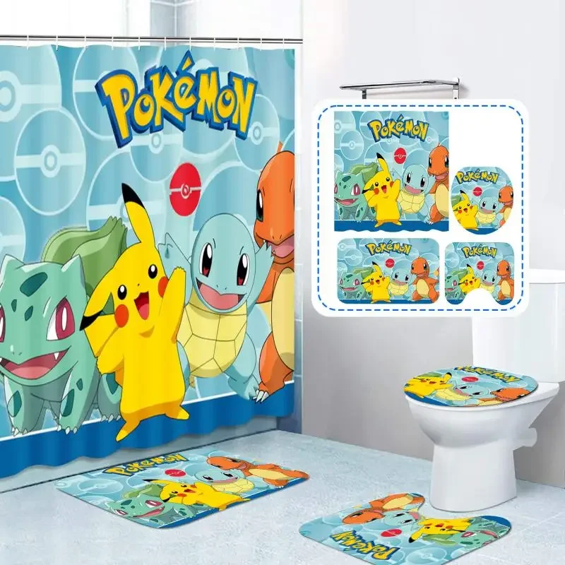 Kawaii Pokemon Shower Curtain Four-Piece Set Pikachu Anime Toilet Mat Floor Mat Shower Curtain Four-Piece Set Cute Gift