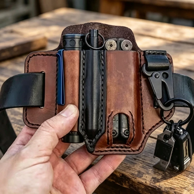 PU Leather EDC Belt Multitool Sheath, Pocket Organizer with Pen Holder, Flashlight & Key Fob Storage Pouch for Men Outdoor Carry - view 5