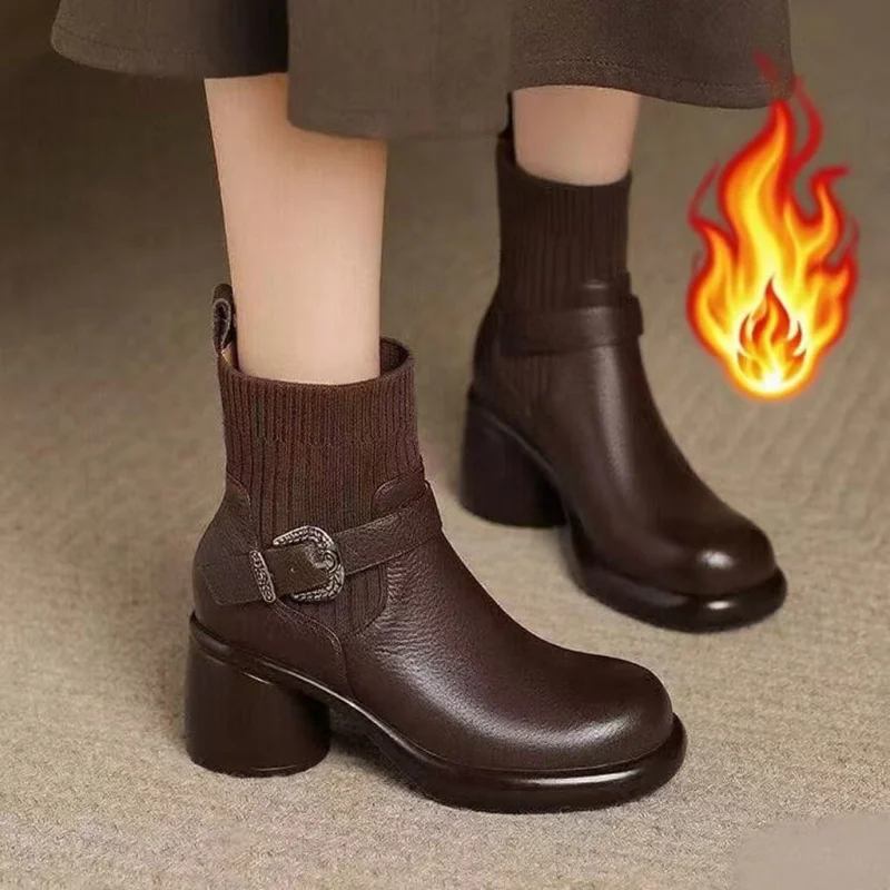 

Осенне-зимние модные ботинки-носки на платформе — короткие ботинки из мягкой кожи на среднем каблуке и массивном каблуке, теплые женские ботинки с декором из ремешка