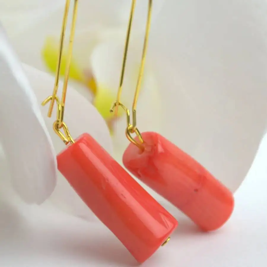 Women Natural Rough Red Coral Column Dangle Earrings Gold Leverback Drop Earrings Boho Irregular Stone Minimalist Handmade