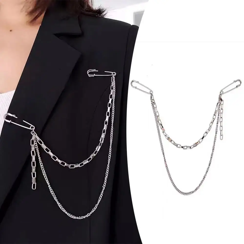 

Long Metal Chest Chain Double Pin Clip Chain Brooch Double Layered Chains Brooch Punk Personality Silver Color Tassel Pendant