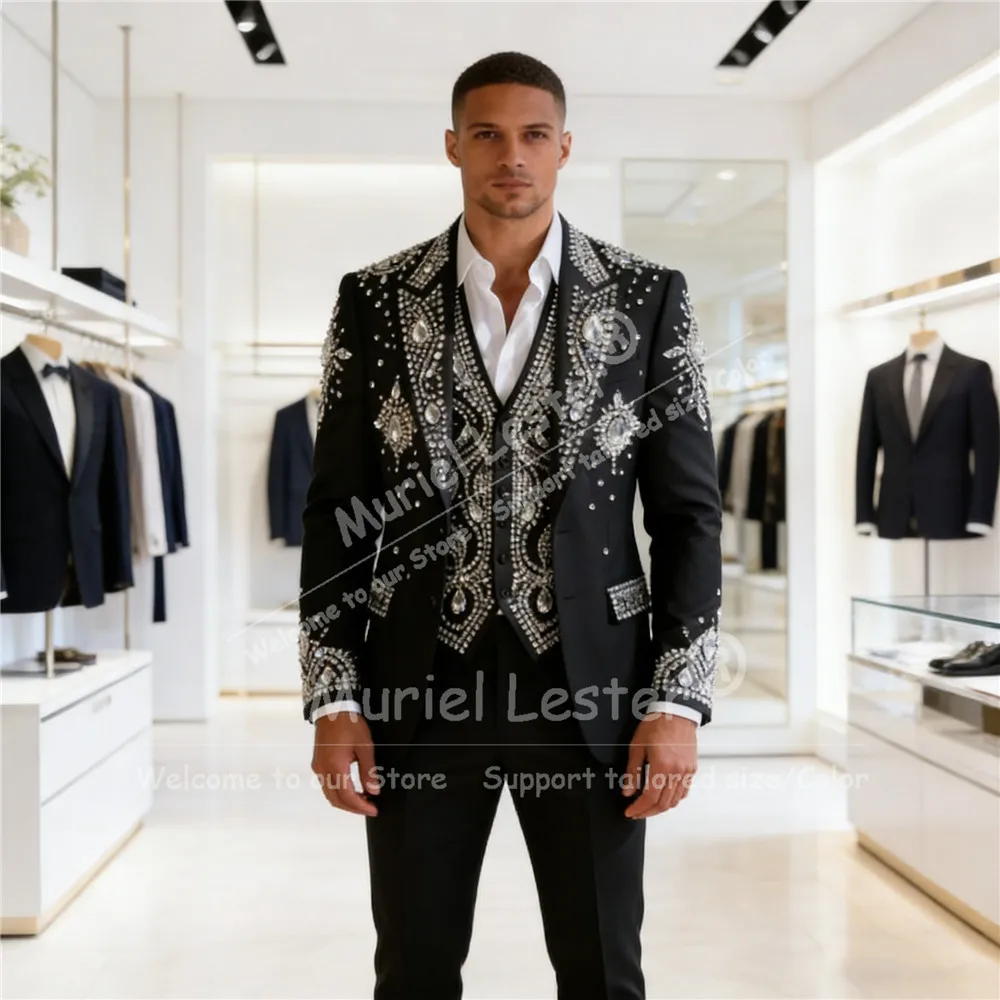

Luxury Crystals Rhinestones Men Suits 3 Pieces Sets Male Blazers Customized Groom Wedding Tuxedos Slim Fit Formal Ropa hombre