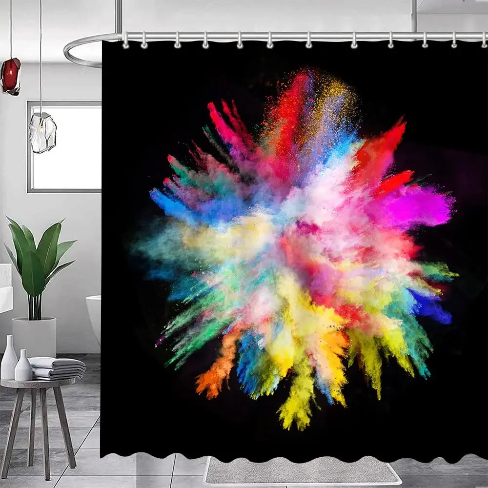 Colorful Shower Curtain Art Abstract Watercolor Multicolor Rainbow Atomic Starburst Mid Century Black Fabric Bathroom Decor