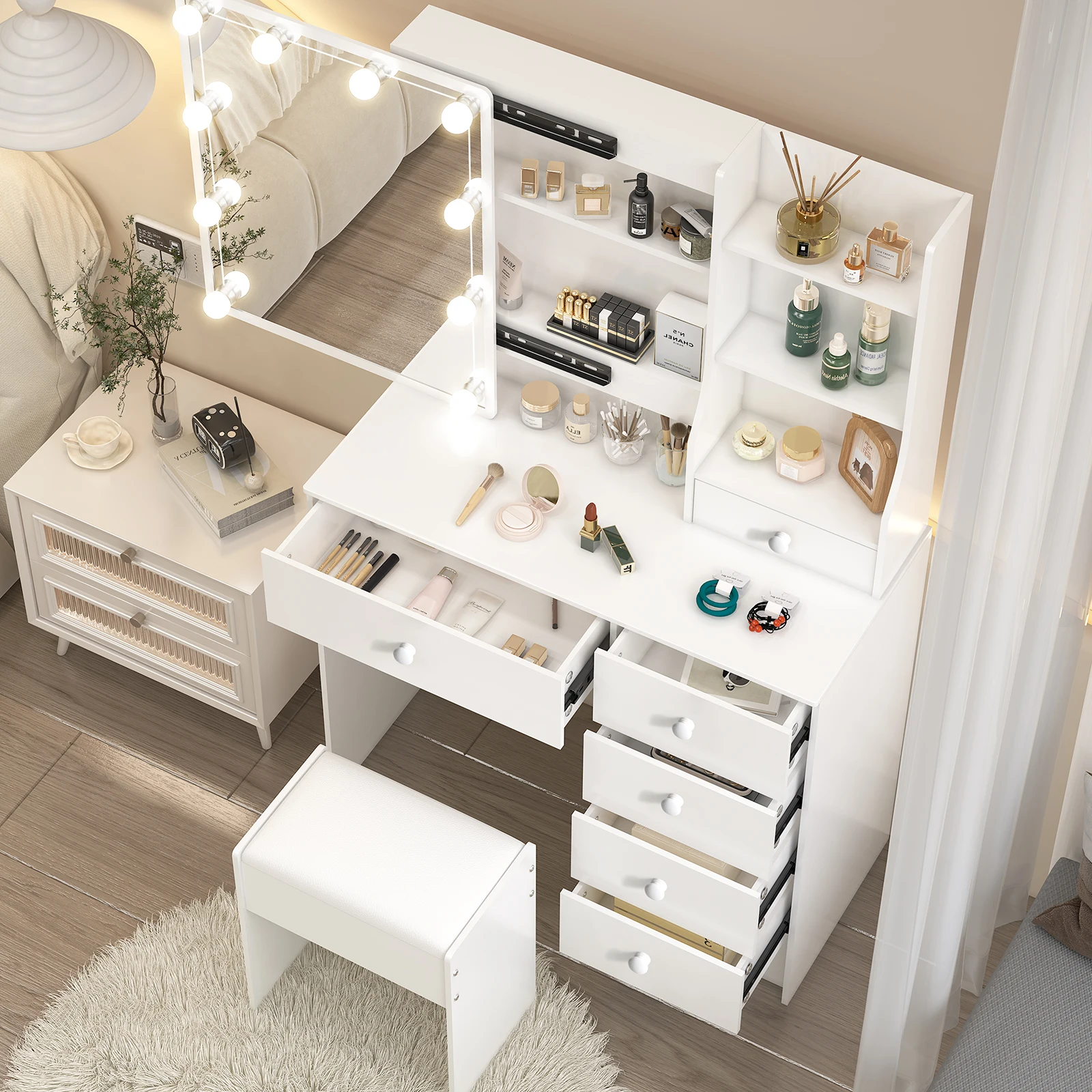 طاولة زينة خشبية أنيقة مع مرآة مضيئة: 3 أوضاع قابلة للتعديل وأدراج وتخزين #3