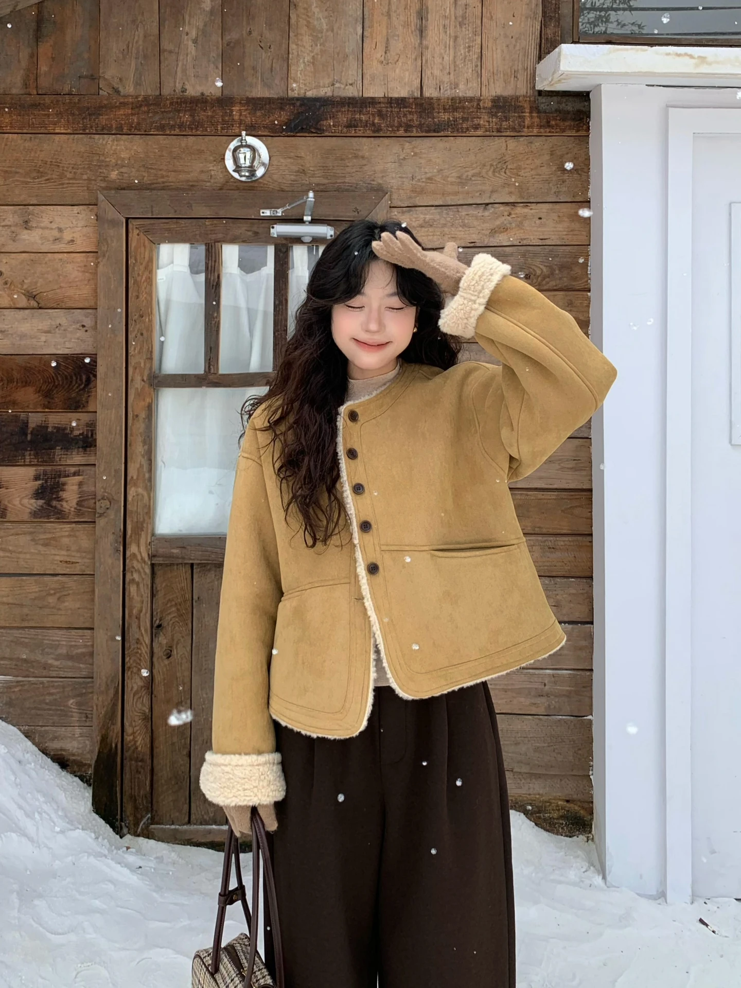 

Moby Suede Lamb Fur Jaet Women's Autumn Winter Coat with Bag Retro Vintage Small Size Straight Tube Sweet Sle Thiened L...