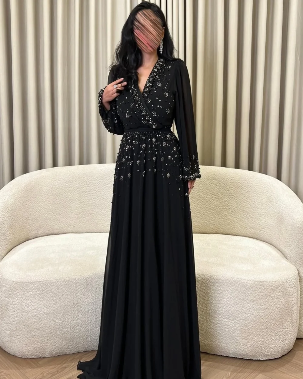 Customized Luxury Black Chiffon Beading Draped Rhinestone A-line V-neck Long Dresses Evening Dresses Sizes Available Fashion