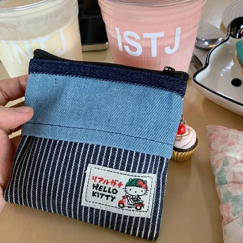 헬로 키티 동전 가방 카와이 데님 보관 가방 애니메이션 립스틱 헤드폰 가방 휴대용 레트로 다용도 보관 가방 소녀 선물