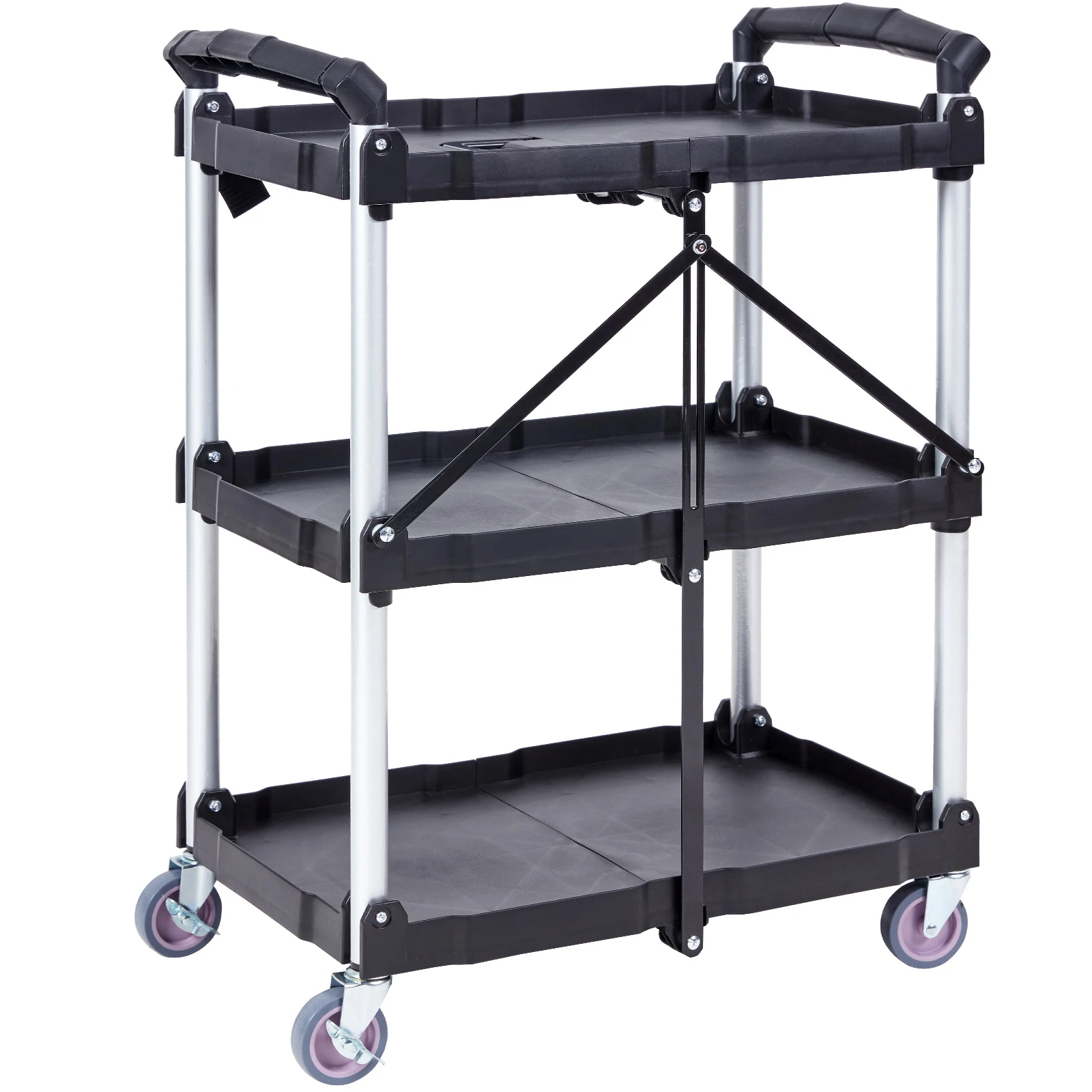 Foldable Utility Service Cart, 3 Shelf 165LBS Heavy Duty Plastic Rolling Cart With Lockable Wheels, Ergonomic Handle