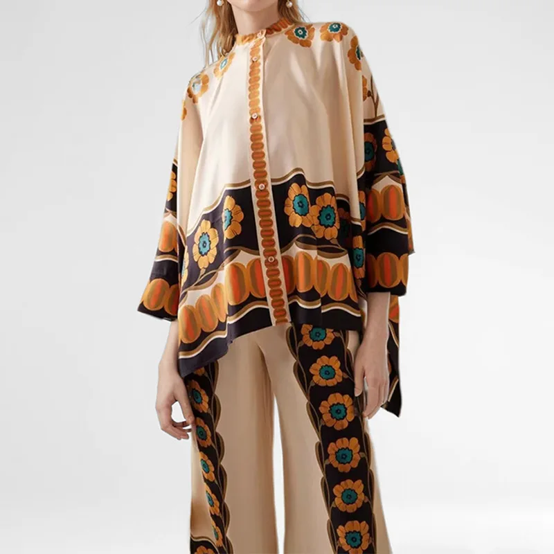 Elegant Women's Irregular Geometric Print Pants Sets Long Sleeve Oversized Shirts and Wide Leg Pants Stylish Streetwear Suit