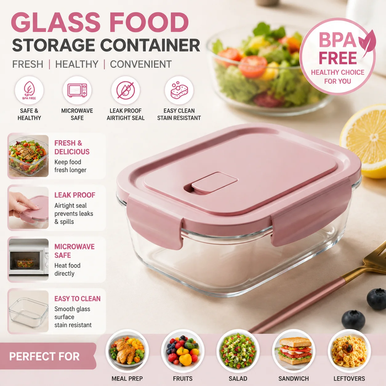 Meal Prep Jar Salad - ガラス製食品保存容器 密閉 BPAフリー ランチボックス 食事準備 冷蔵庫対応