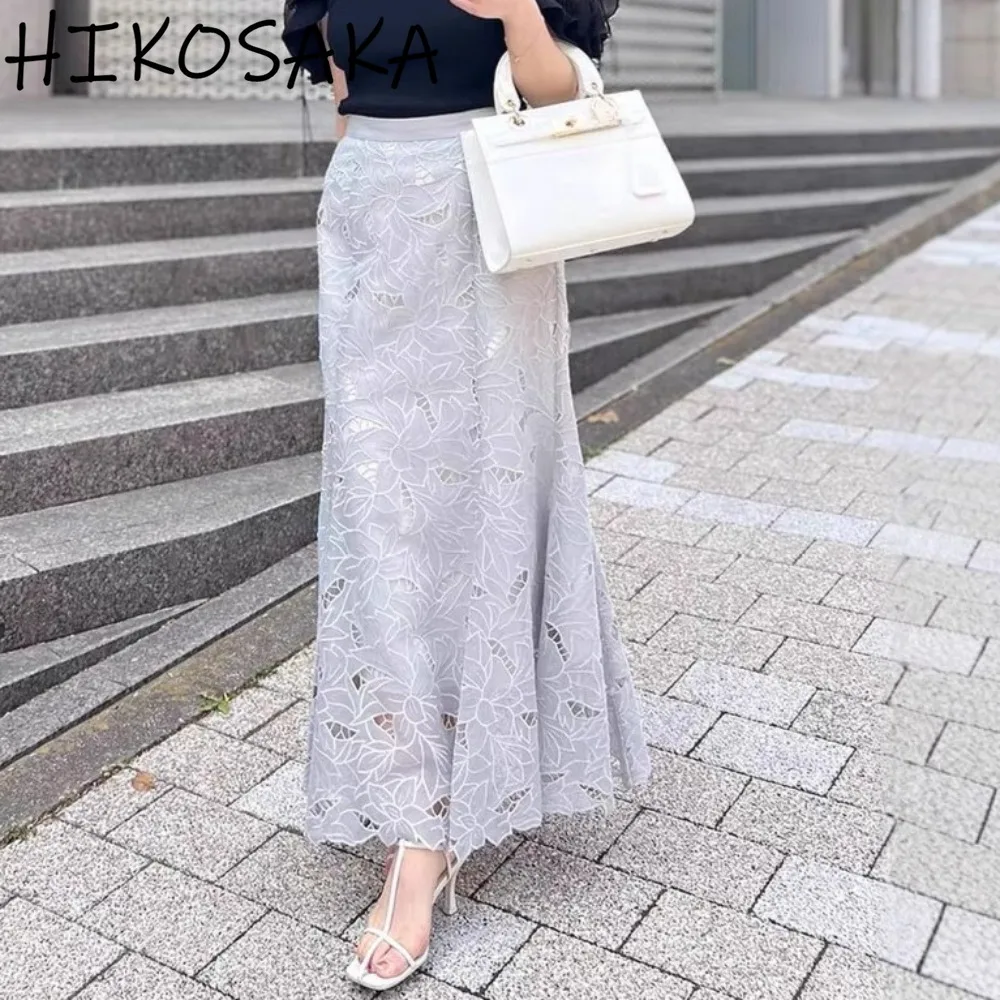 

Hook Floral Hollow Out Embroidery Skirts Vintage High Waist Slim Fit Bodycon Jupe Female Japanese Elegant Summer Faldas Mujer