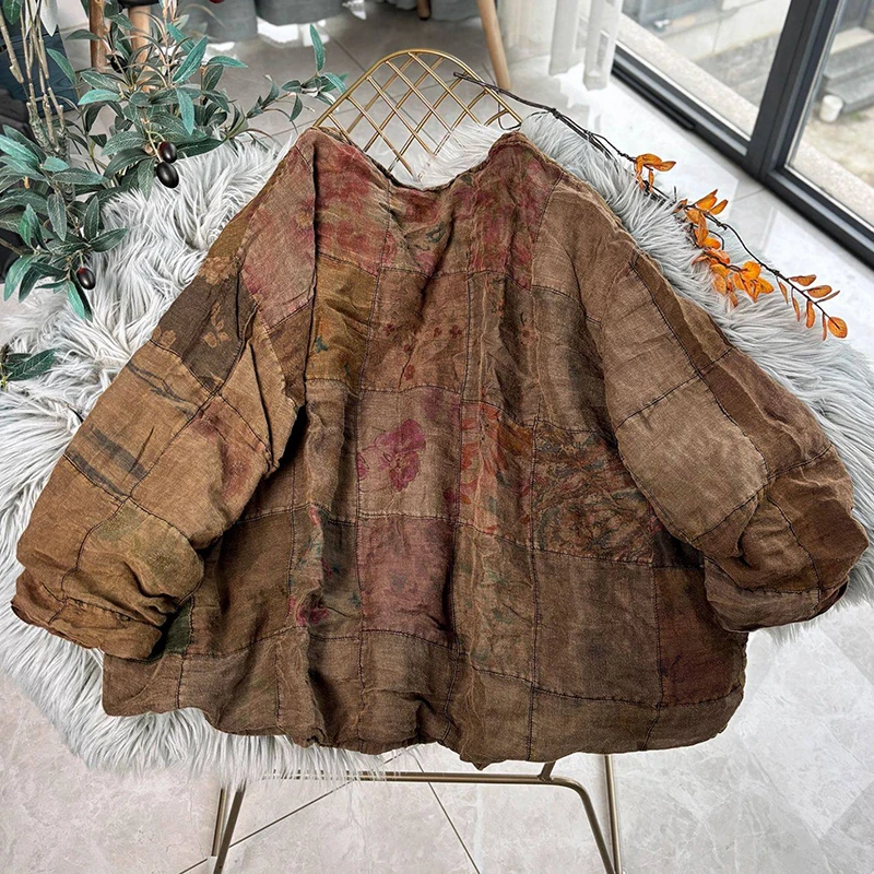 100% Linnen Vrouwen Casual Blouse Shirt Nieuwe 2025 Herfst Vintage Stijl O-hals Bloemenprint Losse Vrouwelijke Lange Mouw Truien M2191