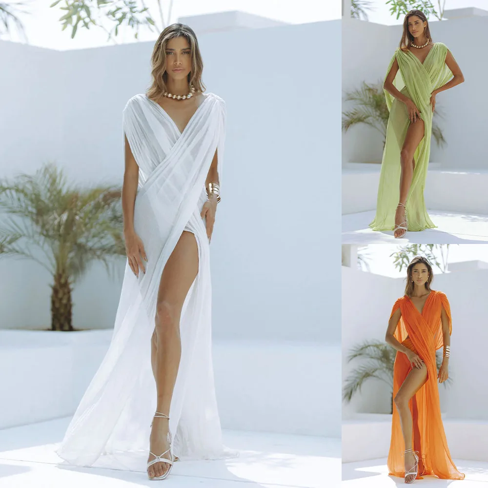 

European And American Women's Clothing Beach Vacation Blouse Sexy Slightly Transparent Sleeveless Dress Solid Color Split