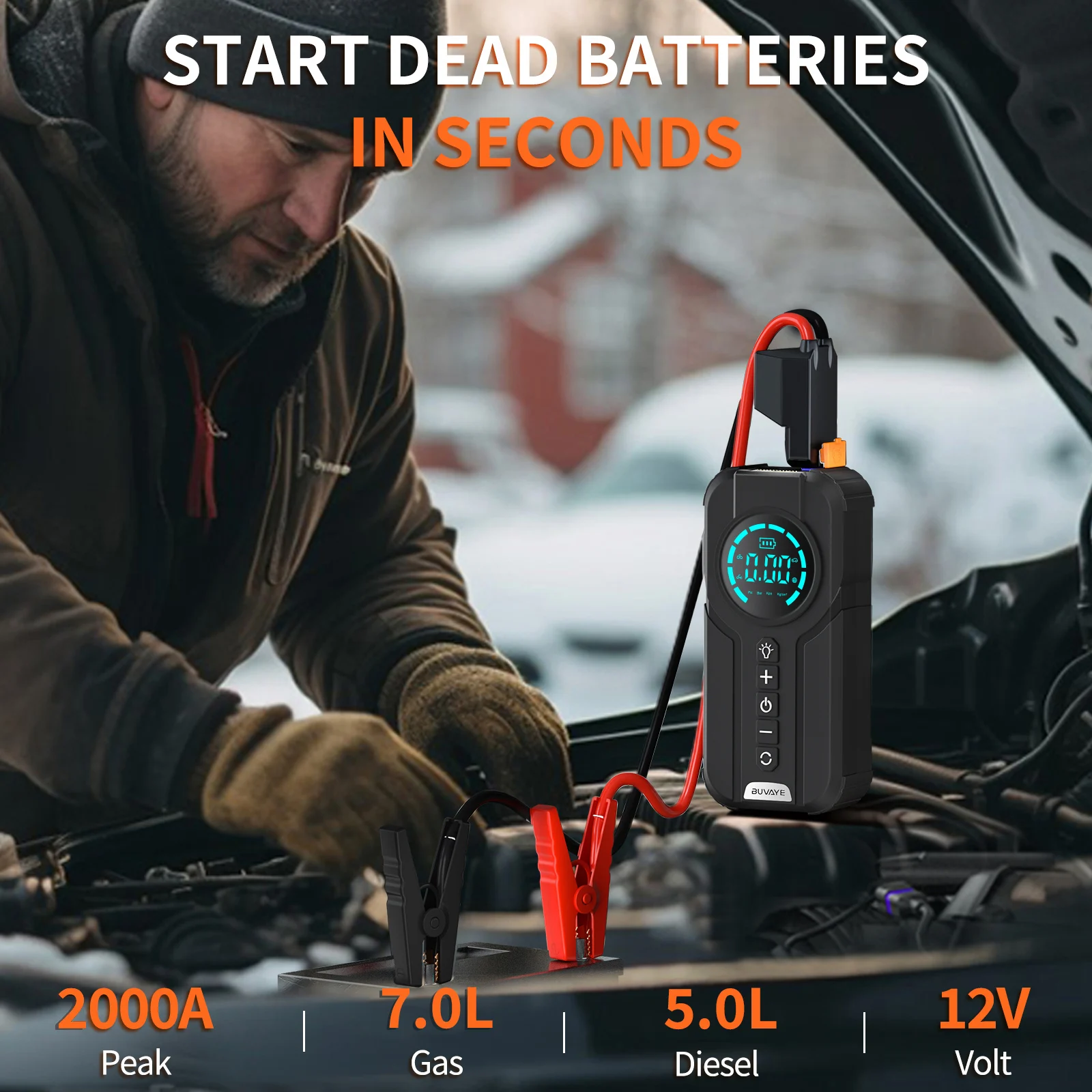 BUVAYE Jump Starter เครื่องอัดอากาศ Power Bank ไฟ LED แบบพกพา 12V แบตเตอรี่ Booster 2000A กล่องกระโดด 150PSI ยาง Inflator