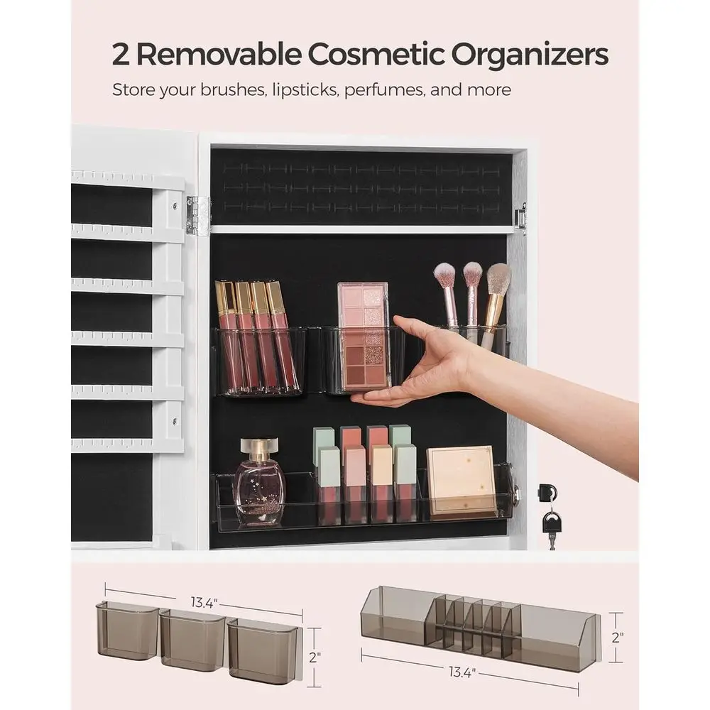 Wall-Mounted Jewelry Armoire with Lock, 2 Storage Trays, Mirror, White - Perfect Christmas Gift UJJC001W01