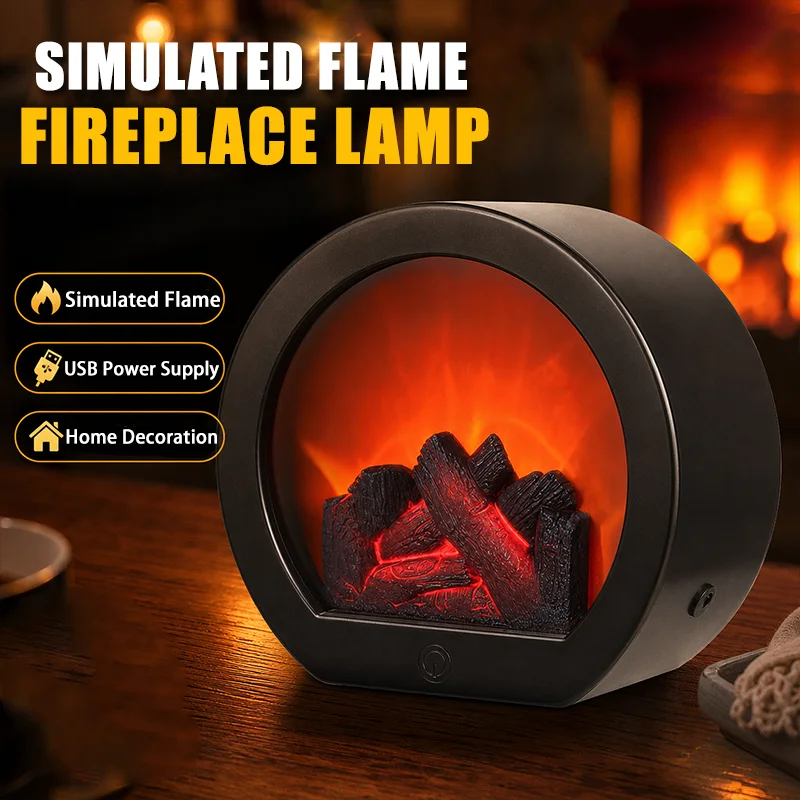 Portable LED Fireplace Lantern Realistic Flame Effect USB Powered Vintage Tabletop Lamp for Christmas Halloween Party Decor ﻿