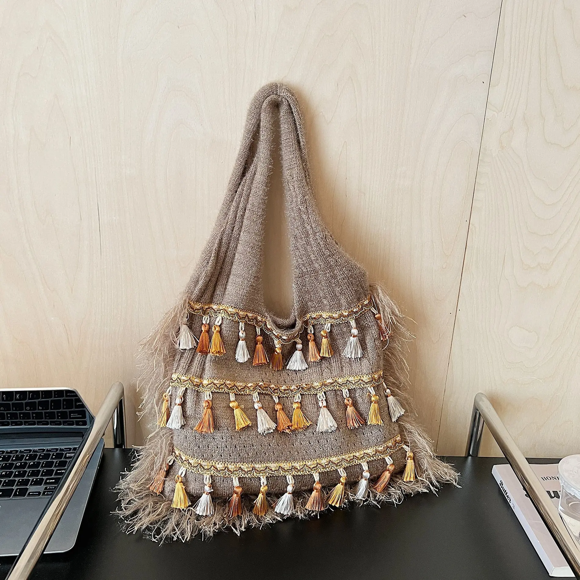 

Этническая сумка подмышки в стиле бохо с бахромой, вязаная богемная сумка через плечо для женщин, универсальная сумка на плечо большой вместимости