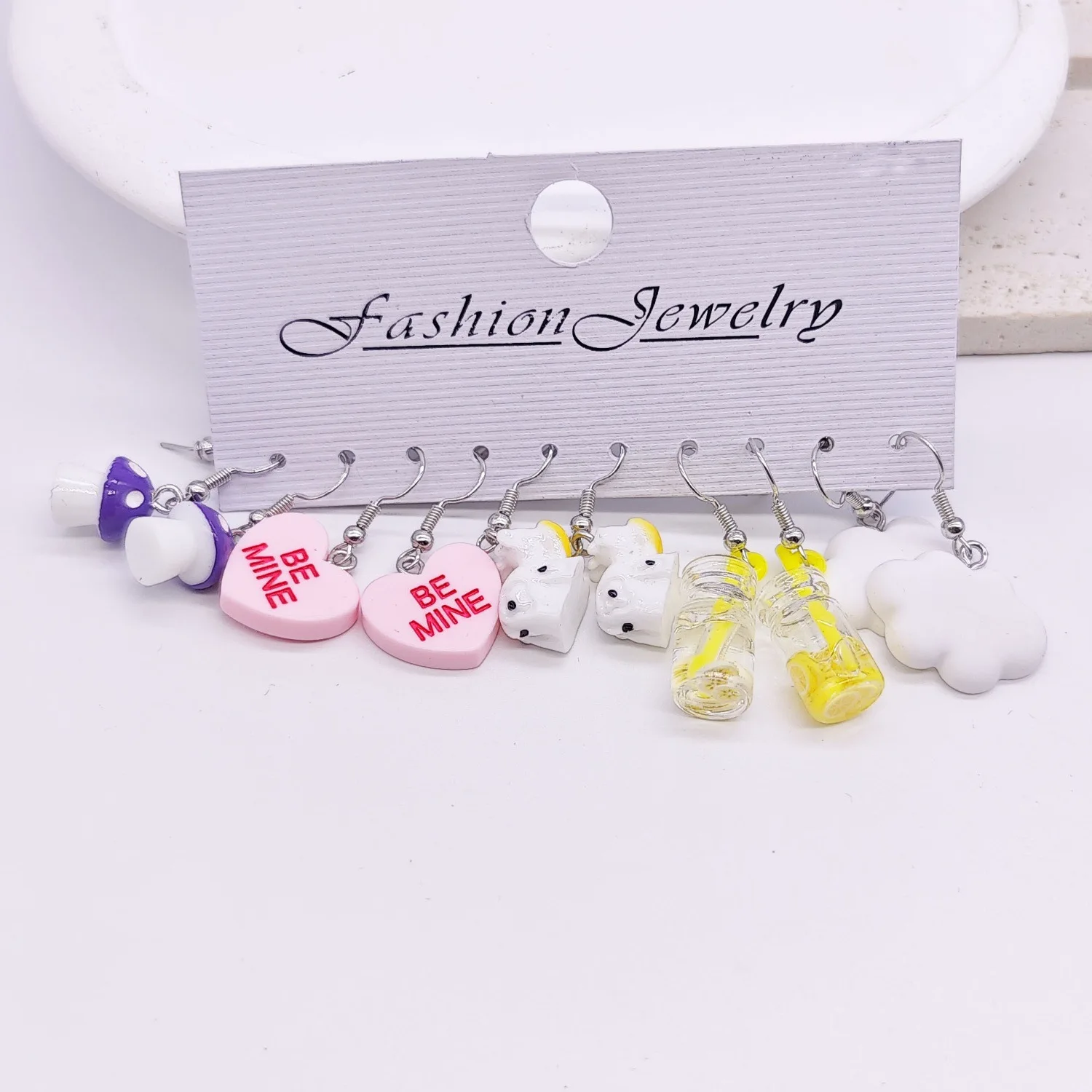 Sweet and Cute White Cow Earrings 5 Pair Set Mushroom Cloud Snack Milk Tea C-shaped Earrings