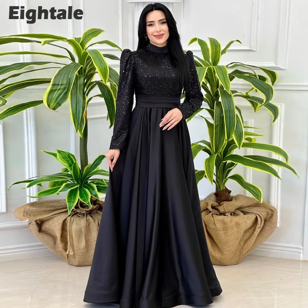 

Eightale Muslim Evening Dresses High Neck Satin Floor Length Arabic Sparkly Prom Wedding Party Gown Robes De Soirée