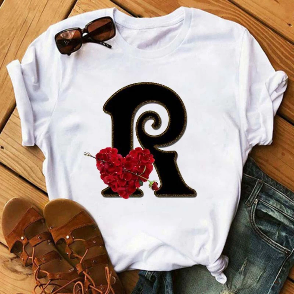 Rose ABC Alphabet Graphic Print White Tee Women Casual Loose Oversize Shirt Top Daily Wear Durable Plus Size Short Sleeve