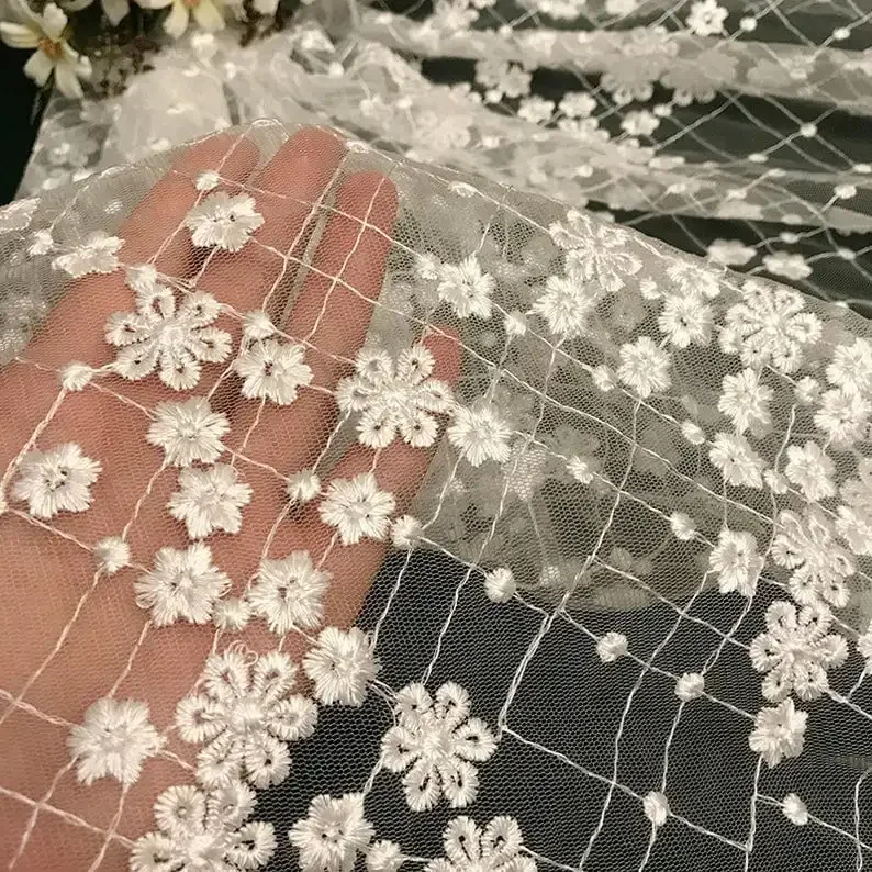 

Ivory Lace flower Embroidered Fabric Floral mesh tulle Fabric For Dress Bridal Veil Floral 51" 1 yard