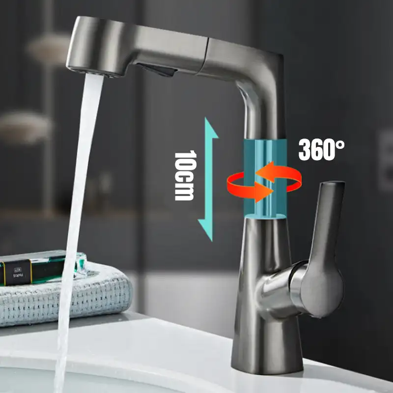 

1 Hole Bathroom Faucet with Pull out Sprayer 360° Rotatable Bathroom Basin Faucet Stainless Steel Kitchen Sink Faucet