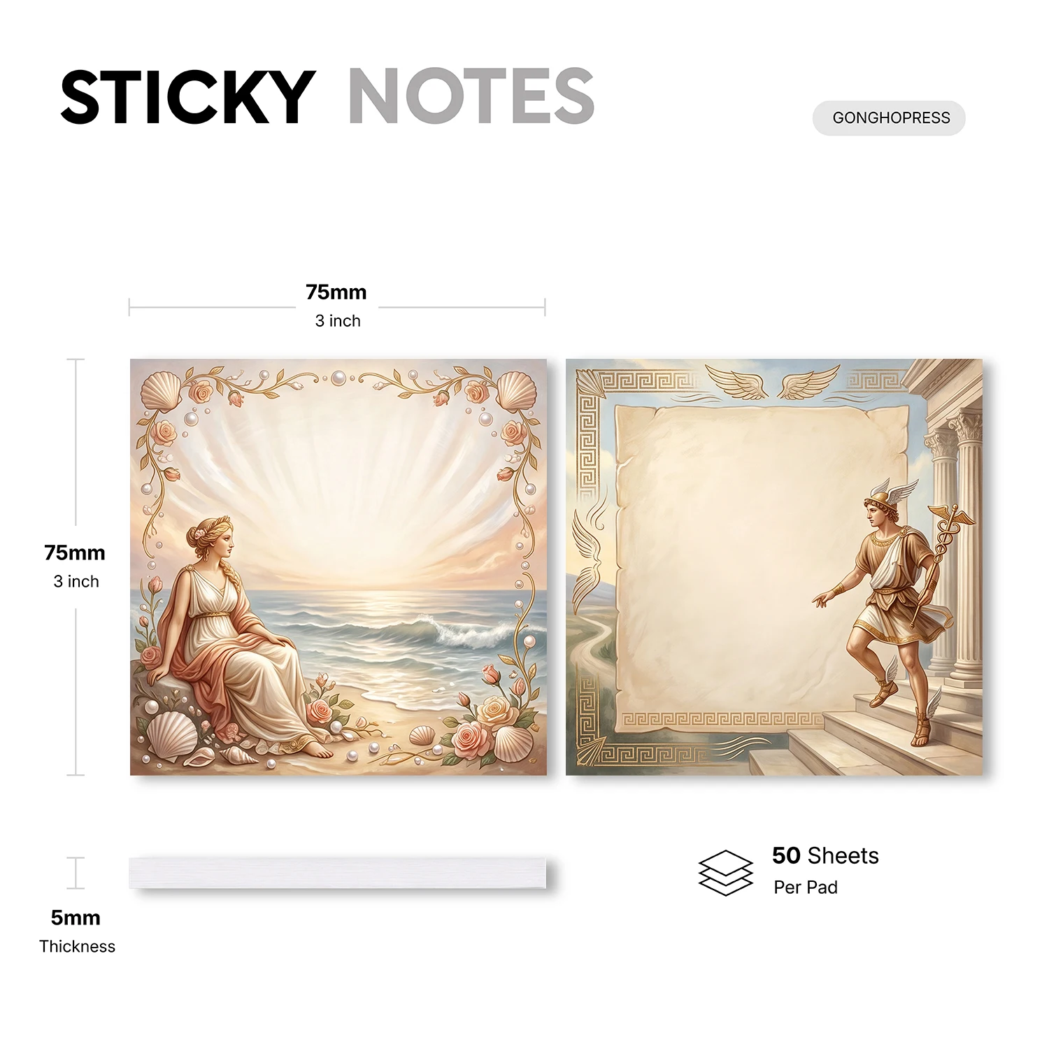 2pcs Greek Goddess Sticky Notes Set, Ocean Seashell Pearl Mythology Self Stick Memo Pads, 100 Sheets Total, Vintage Art Notepads