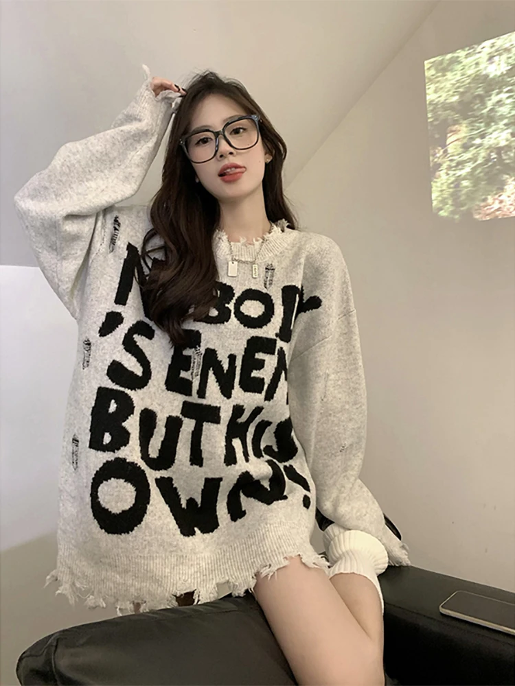 

STSOVZRR Broken Holes Jumper Women Autumn and Winter 2023 New Y2K Letters Loose Medium-length Long-sleeved Knitted Tops