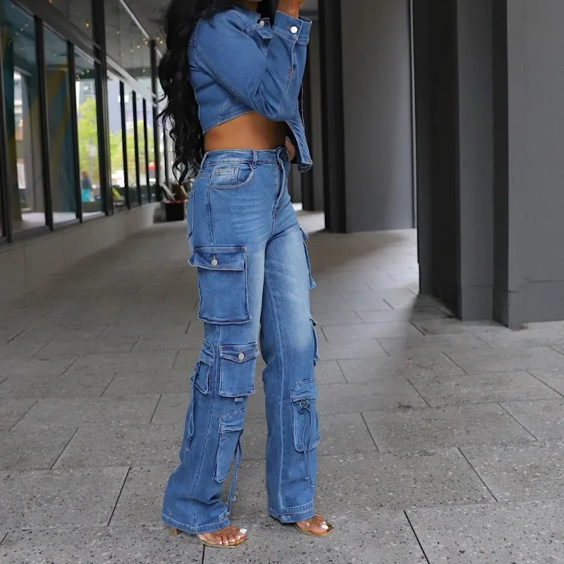 Women Denim 2 Piece Set Long Sleeve Single Breasted Irregular Jackets Crop Top + Multi Pockets High Waist Cargo Pants Jeans Suit