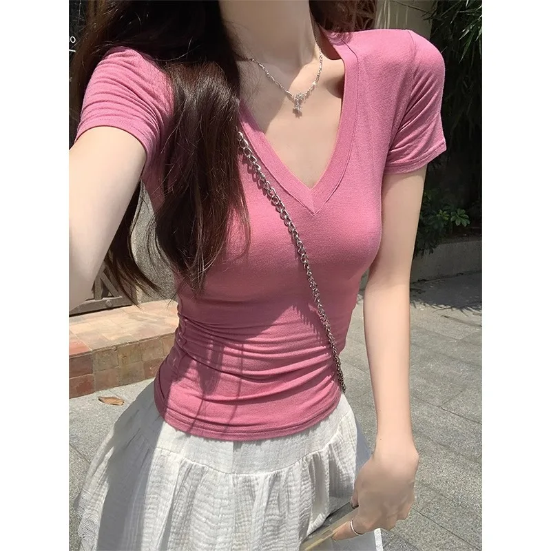 

V-Neck Exposed Collarbone Thin Short Sleeved Shoulder t-Shirt Women's Summer Slim Fit Short Top