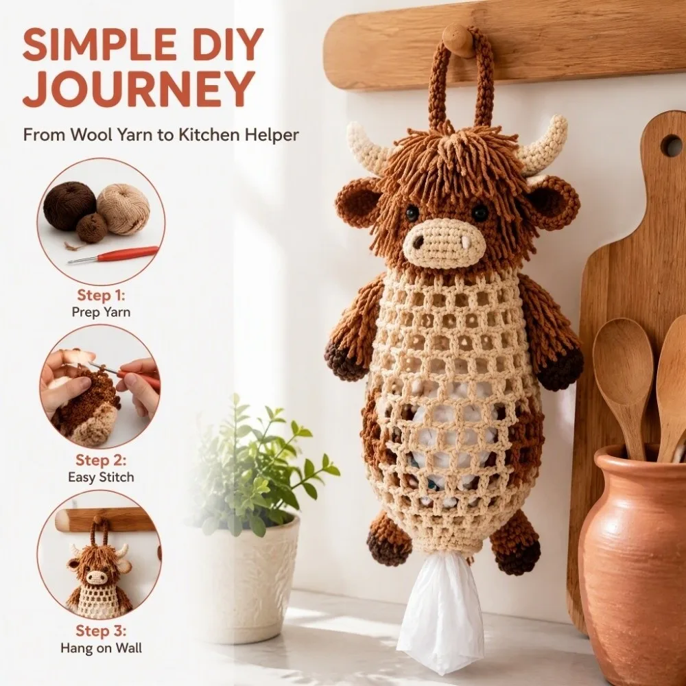 Handmade Crochet Animal Bag Holder Kit DIY Yarn Craft Animal Shaped Plastic Bag Dispenser Cute Stylish Wall Hanging
