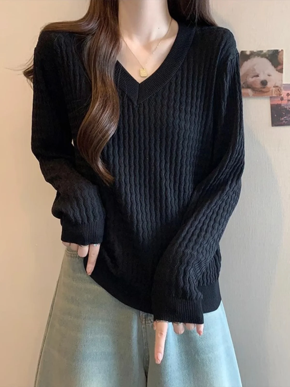 Suéter suelto de punto V-Ne para mujer Otoño Invierno Faion capa Base adelgazante irt coreano Sle largo Sve Color