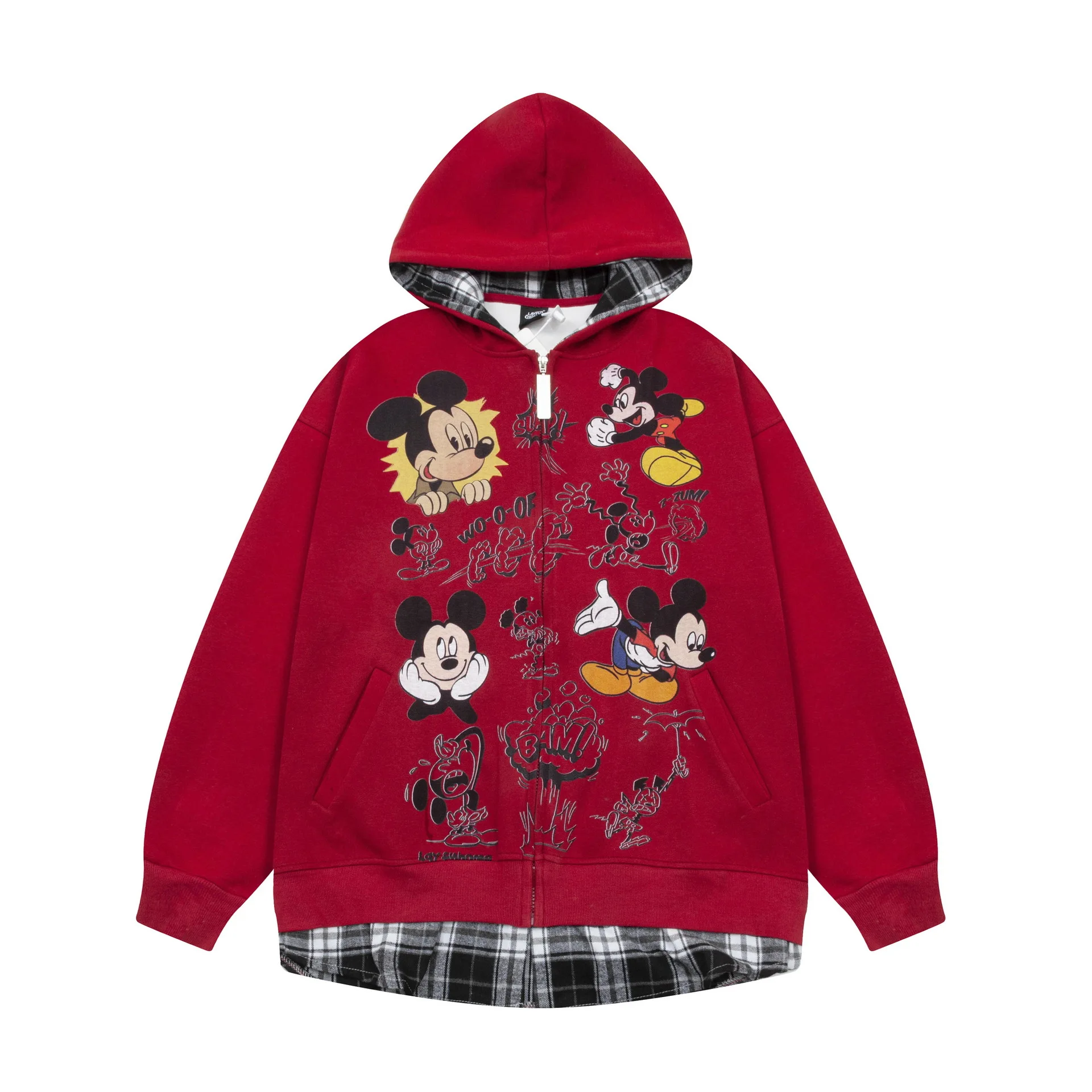 American Retro Fun Cartoon Hooded Cardigan Fake Two Sweatshirts 2024 New Loose Casual Plaid Splicing Jacket Hoodies Women