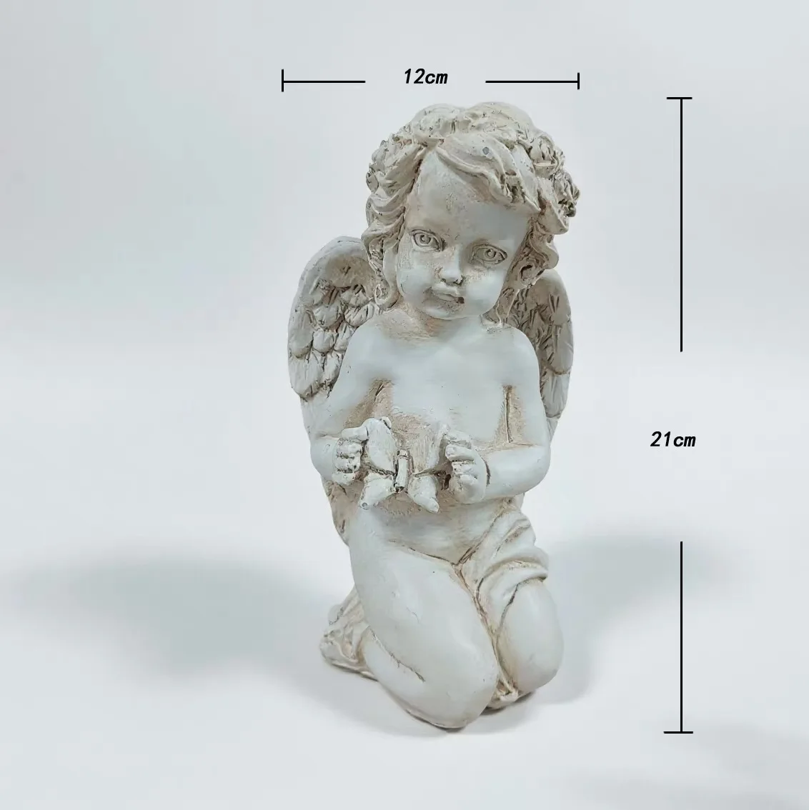 

European Style Antique White Garden Angel Statue, Resin Cherub Figurine with Butterfly, Distressed Finish, 21cm Height