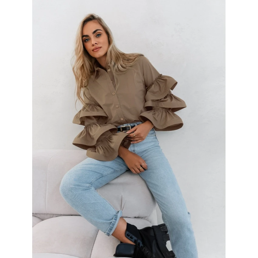 Casual witte irt met kanten rand 2024 herfst winter nieuwe Sle veelzijdige dames losse pasvorm lange Sve Bubble Sve polyester