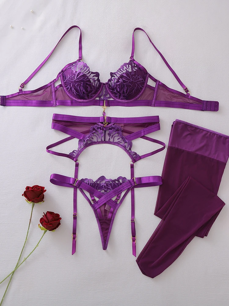Women Luxury Embroidered Purple See‑Through 4Pcs Lingerie Suit Slim Shaping Sexy Costume With Thigh High Stockings Clubwear