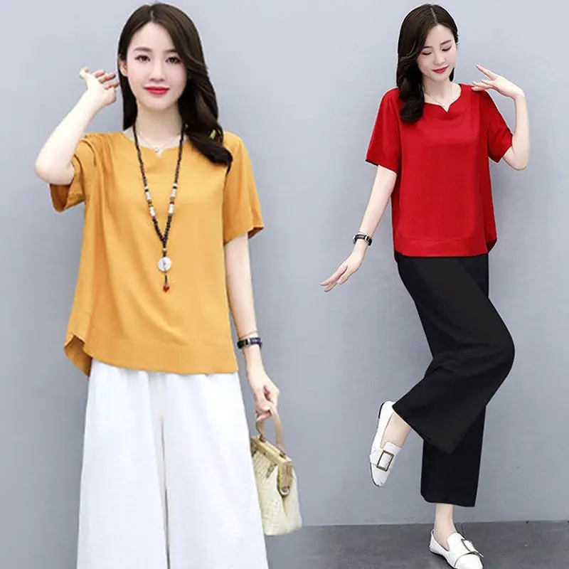 Conjunto de verano de algodón puro para mujer, pantalones informales de pierna ancha, conjunto de dos piezas Faionable Ele Sle ort Sve