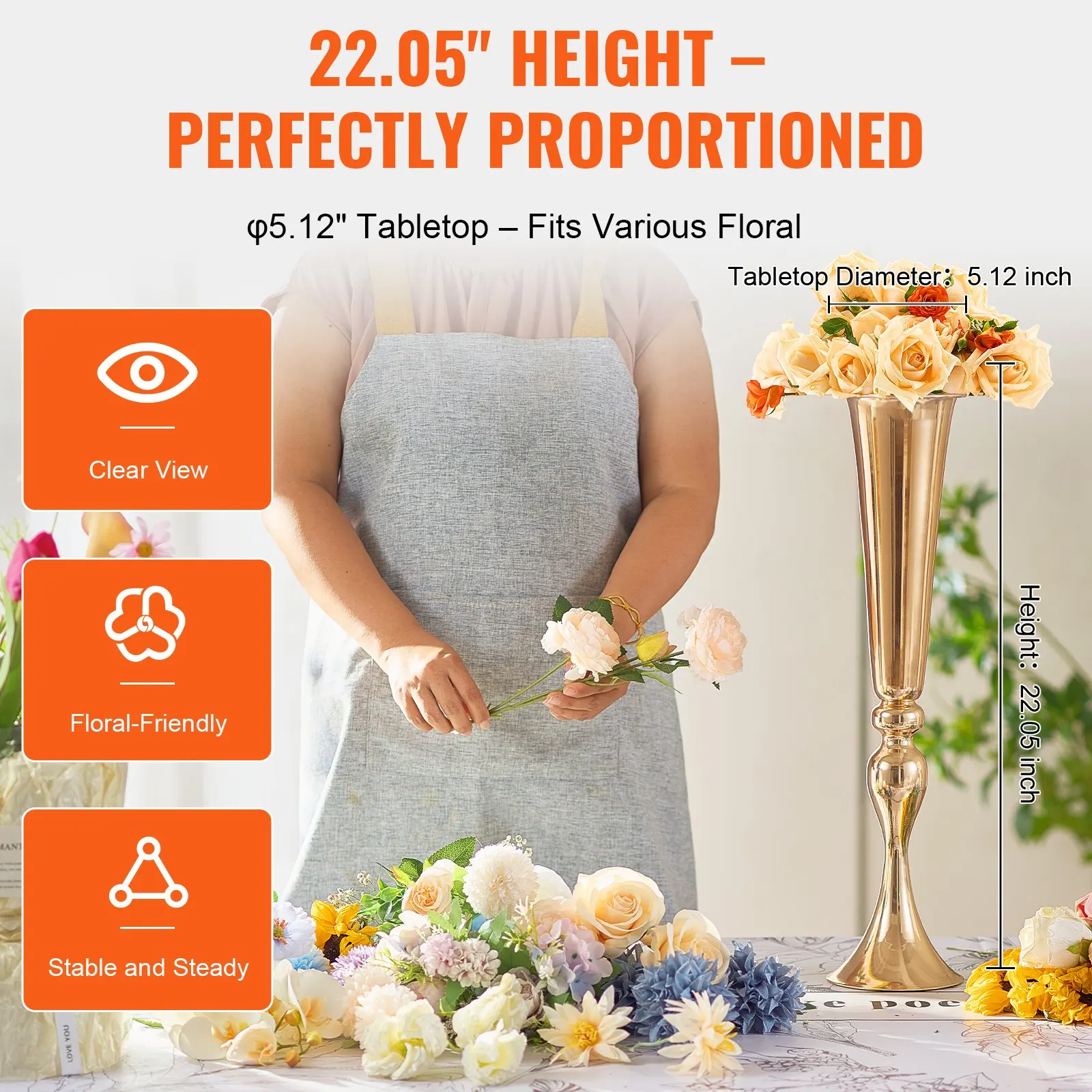 Metal Wedding Vase Gold Flower Holders|SIHAO 2pcs Wedding Vase Set of 2, Metal Gold High 56cm/22.05 Inch Small Table Flowers, Gold Metal Wedding Vase Centerpiece Set for Home Party Table Decoration, Cylinder Metal Flower Vase for Living Room Office Decor
