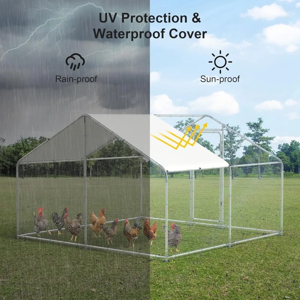 10x10x6.6FT Large Walk-in Chicken Coop with Waterproof and UV-Resistant Cover, Spire Roof Design