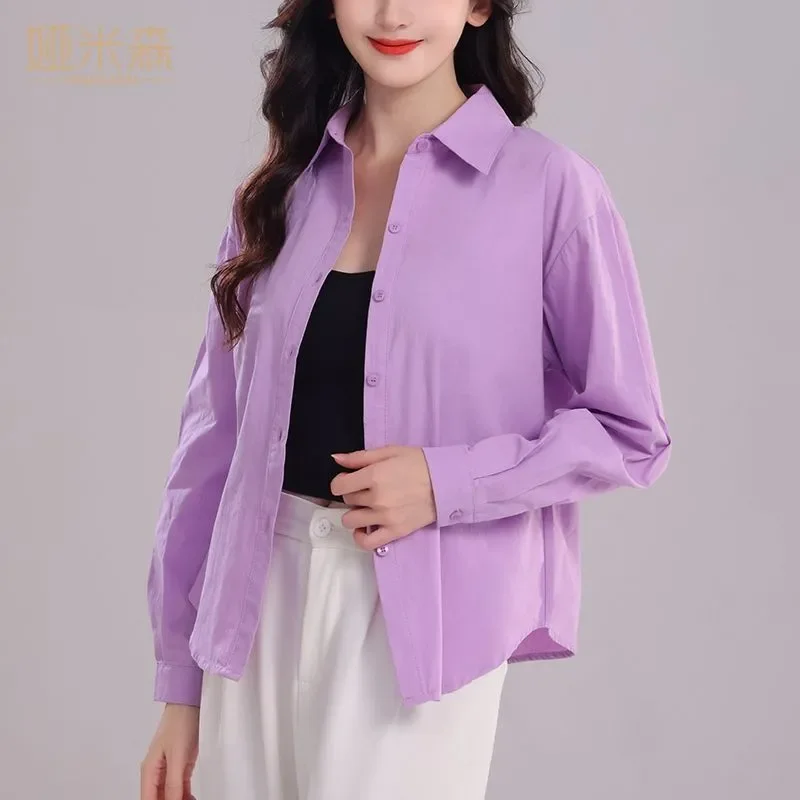 

Женская рубашка с длинным рукавом, однотонная, свободного кроя, повседневная блузка в корейском стиле, универсальная верхняя одежда для защиты от солнца, топ
