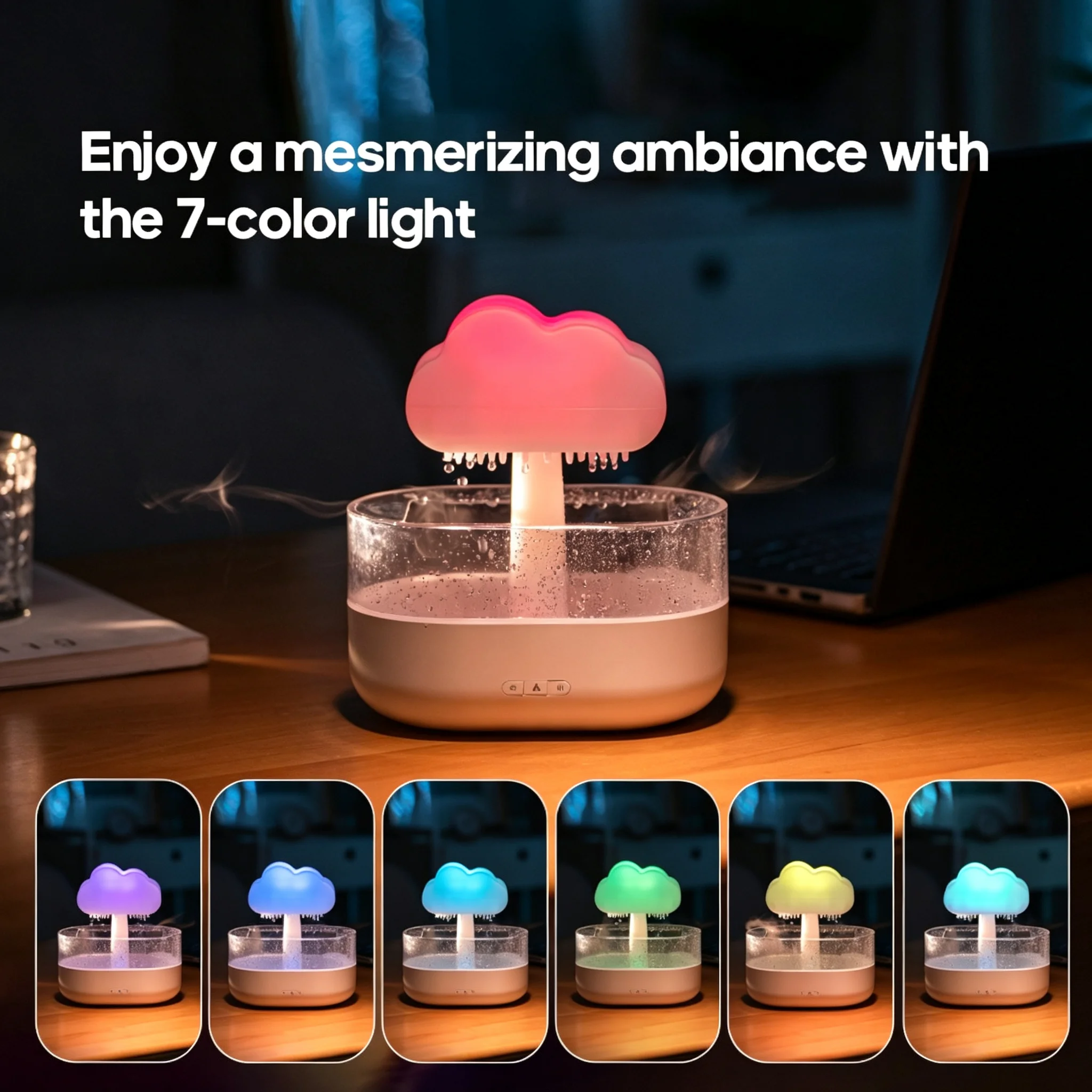 Car Fragrance Diffuser - レインクラウド レインドロップ アロマディフューザー 加湿器、7色LEDナイトライト 超音波エッセンシャルオイルディフューザー 無水自動オフ機能付き