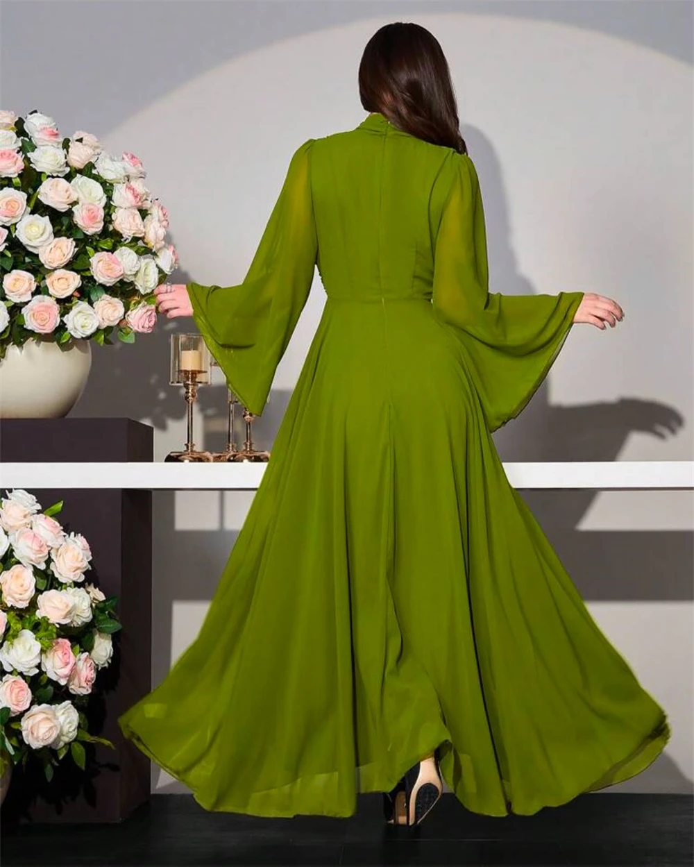 تخصيص رشيقة الخامس الرقبة القوس مساء اللباس مزاجه طويلة الأكمام مضيئة الأكمام فساتين المشاهير الكلاسيكية الشيفون Pr #2