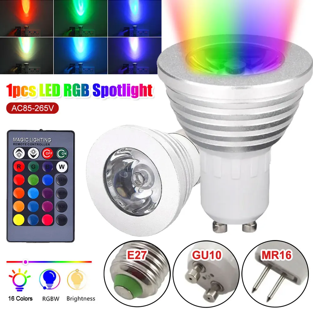 

AC85-265V 12V MR16 E27 E14 GU10 GU5.3 RGB Spotlight 3W Dimmable E27 Led Bulbs with 24keys Remote Light Tubes for Home Decoration