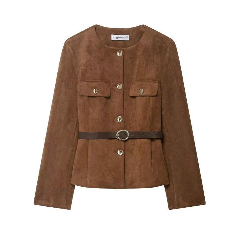 خمر الجلد المدبوغ سطح الملمس الطيار سترة عصرية أنيقة سيدة معطف دافئ س الرقبة كامل الأكمام حزام الشارع الشهير القمم #6